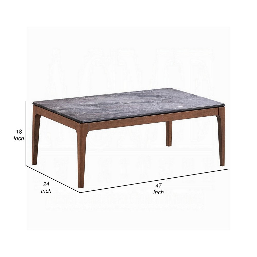 Evis Coffee Table, Rectangular 47 Inch Gray Faux Stone, Brown Wood
