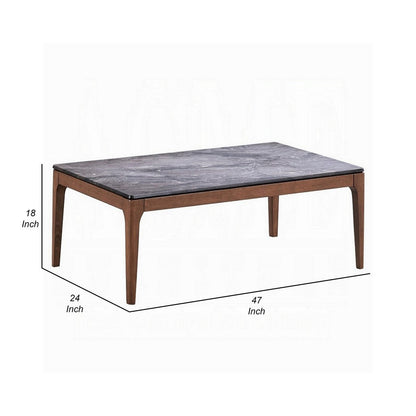 Evis Coffee Table, Rectangular 47 Inch Gray Faux Stone, Brown Wood