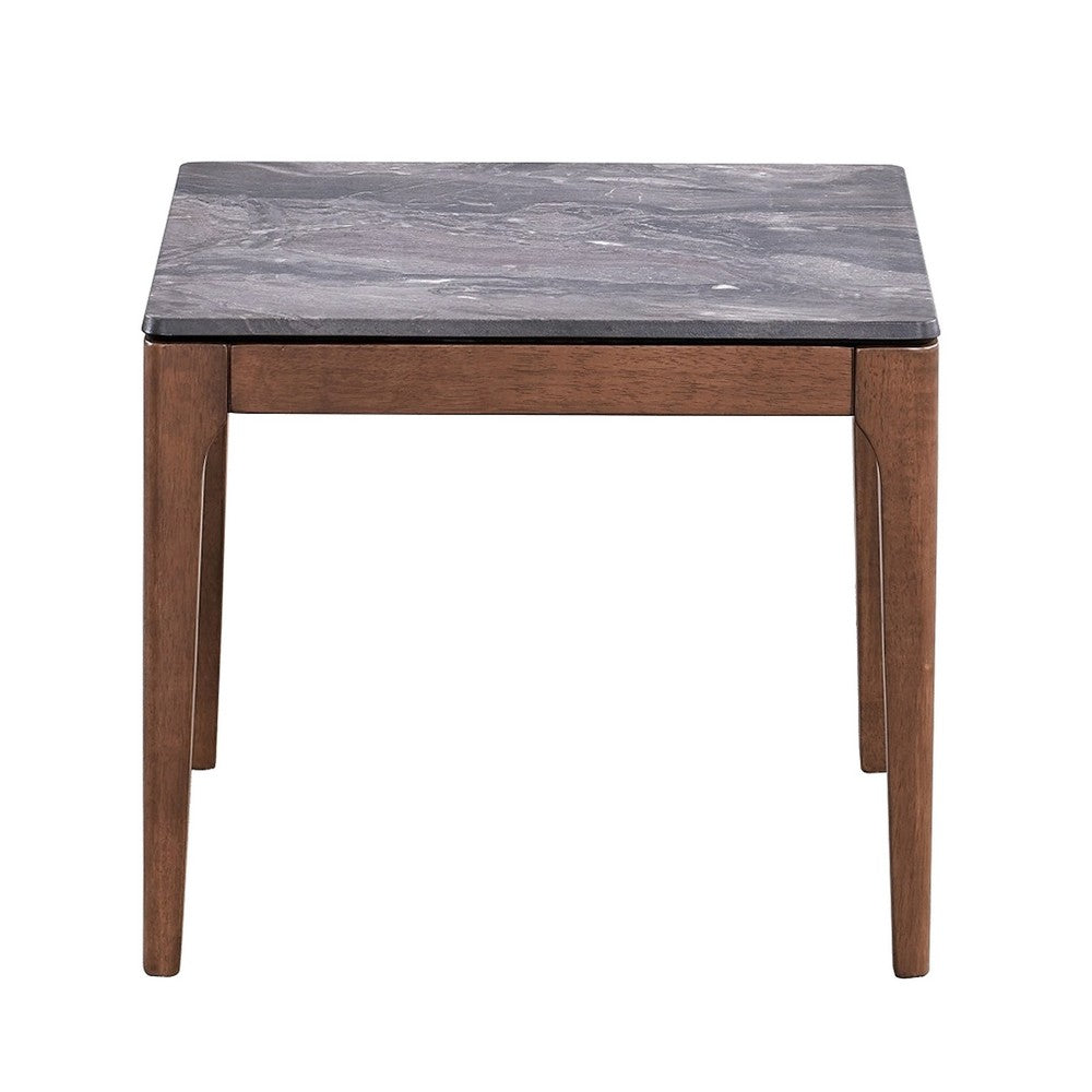 Evis Side End Table, 24 Inch Square Gray Faux Stone Top, Brown Wood