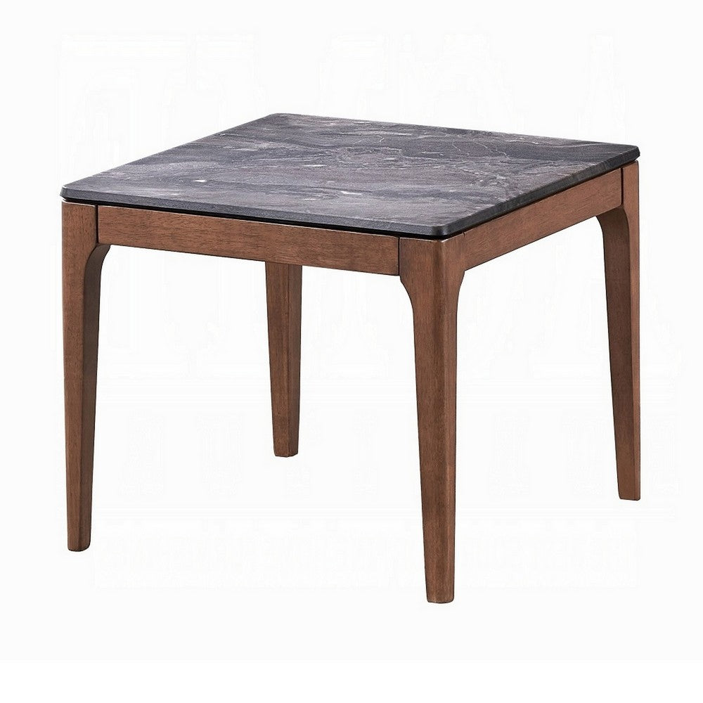 Evis Side End Table, 24 Inch Square Gray Faux Stone Top, Brown Wood