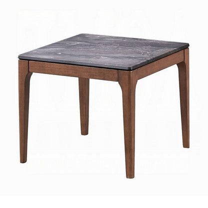 Evis Side End Table, 24 Inch Square Gray Faux Stone Top, Brown Wood