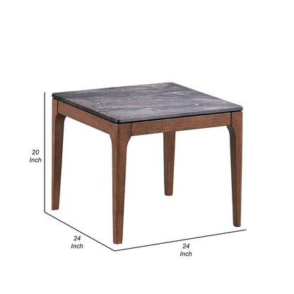 Evis Side End Table, 24 Inch Square Gray Faux Stone Top, Brown Wood