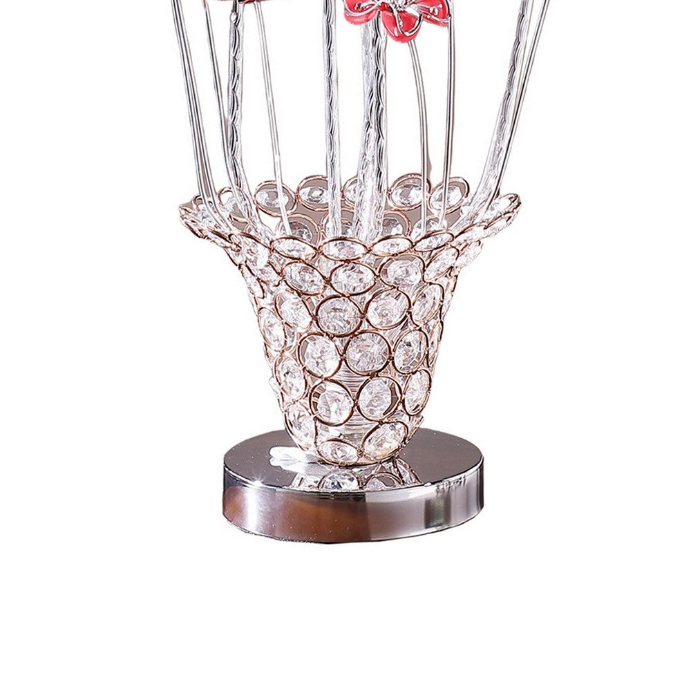 Accent Table Lamp, LED, Red Roses Trumpet Crystal Vase, Chrome 21 Inch