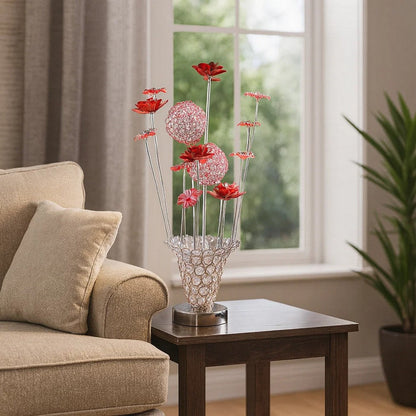 Accent Table Lamp, LED, Red Roses Trumpet Crystal Vase, Chrome 21 Inch