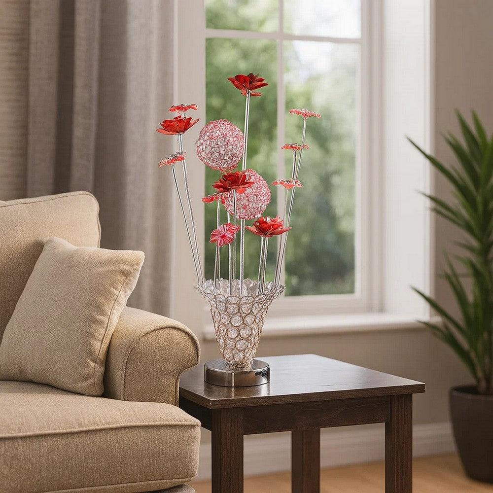 Accent Table Lamp, LED, Red Roses Trumpet Crystal Vase, Chrome 21 Inch