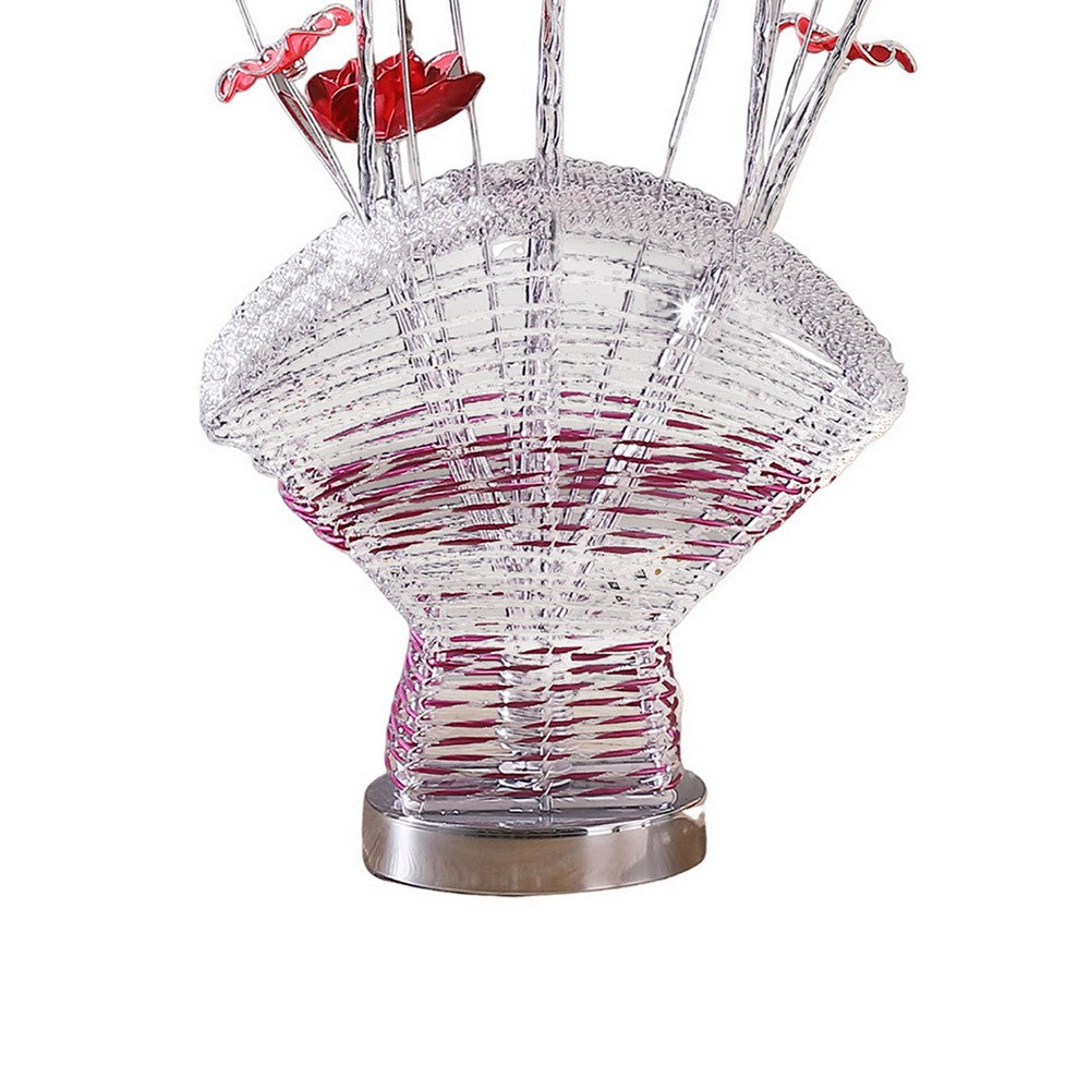 Accent Table Lamp, LED, Red Roses Fan Crystal Vase, Chrome 22 Inch