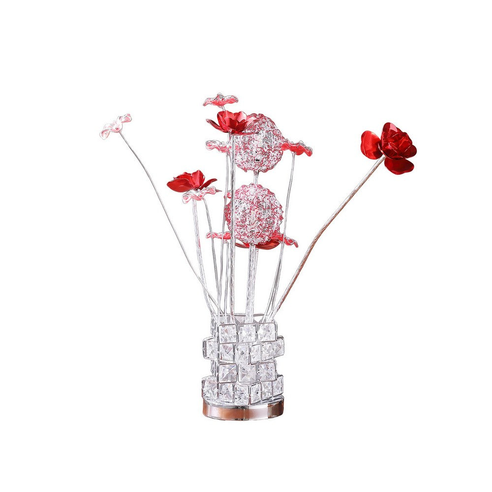 Accent Table Lamp, LED, Red Roses, Crystal Square Vase, Chrome 21 Inch
