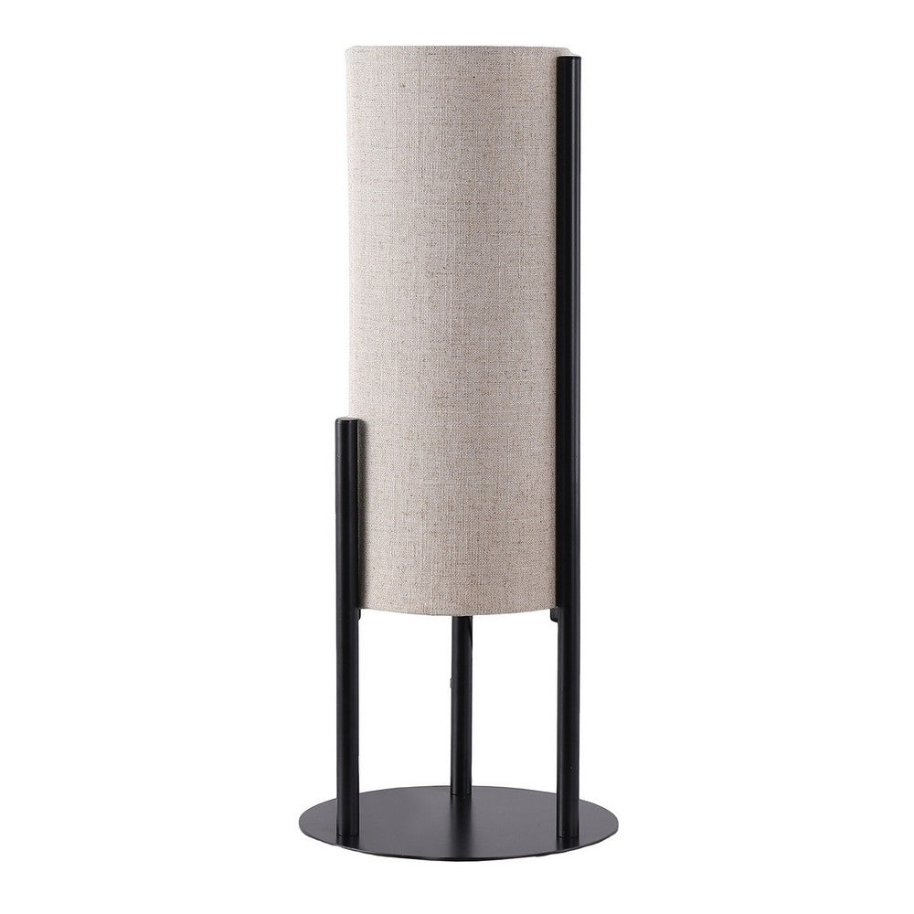 Modern Table Lamp, Upright Beige Linen Drum Shade, Black Metal 22 Inch