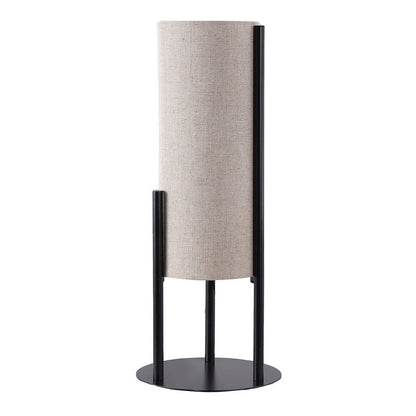 Modern Table Lamp, Upright Beige Linen Drum Shade, Black Metal 22 Inch
