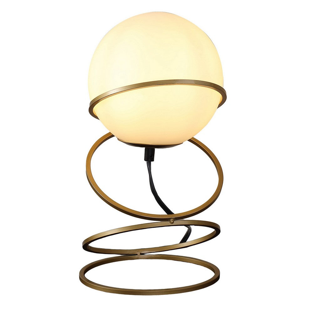 Table Lamp, White Glass Globe, 4 Spiral Ring Accented Base 14 Inch