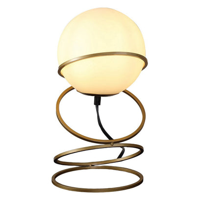 Table Lamp, White Glass Globe, 4 Spiral Ring Accented Base 14 Inch