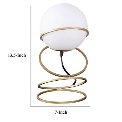 Table Lamp, White Glass Globe, 4 Spiral Ring Accented Base 14 Inch