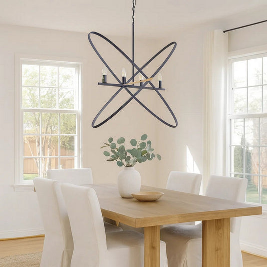 Modern Chandelier, 4 LED Light, Black Cross Band, Brass Metal 38 Inch