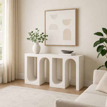 Rectangular Console Table with Wavelike Base, 54 Inch White Wood
