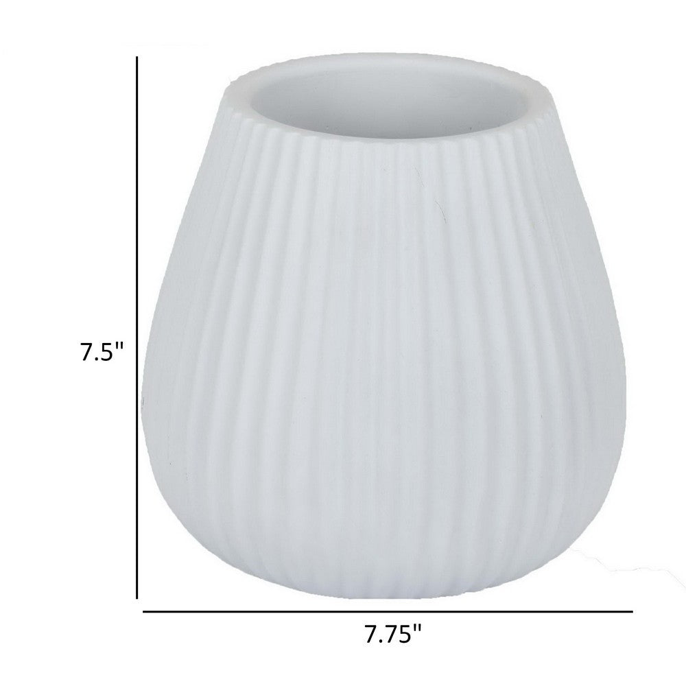 Azra Vase with Ribbed Texture and Wide Opening, 8 Inch White Resin