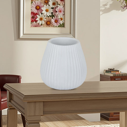 Azra Vase with Ribbed Texture and Wide Opening, 8 Inch White Resin