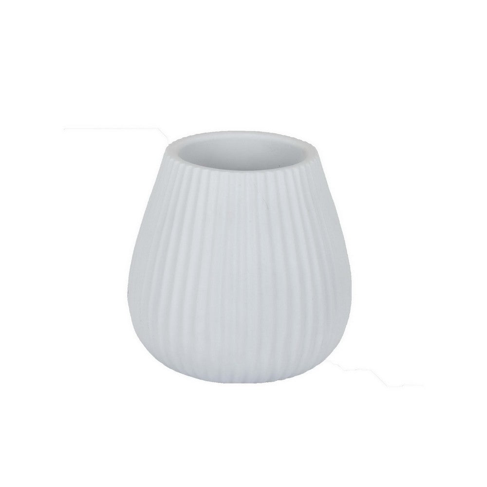 Azra Vase with Ribbed Texture and Wide Opening, 8 Inch White Resin