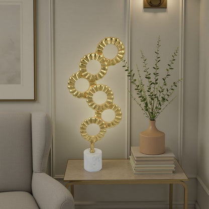 Sherry Tabletop Decor, 23 Inch Golden Metal Round Patterns, White Base