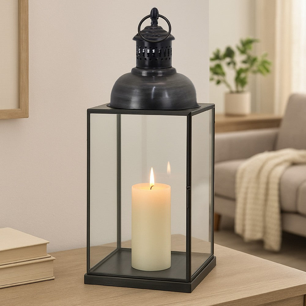 Laila Lantern, Black Metal, Glass Panels, Square Base, 20 Inch Tall