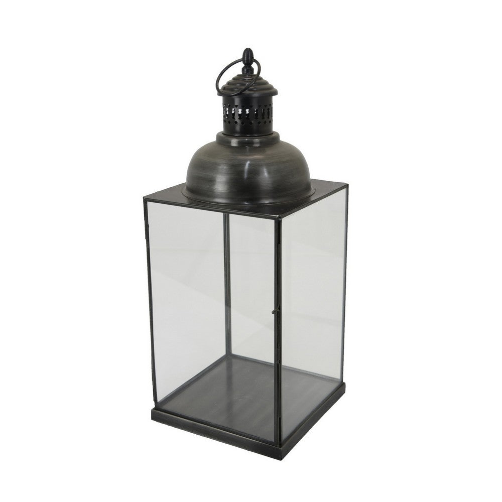 Laila Lantern, Black Metal, Glass Panels, Square Base, 18 Inch Tall