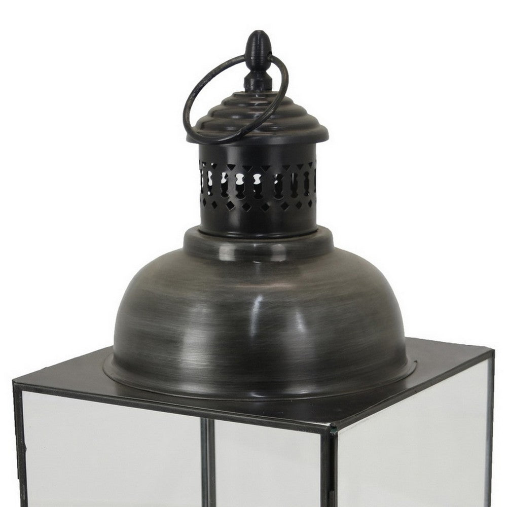 Laila Lantern, Black Metal, Glass Panels, Square Base, 18 Inch Tall