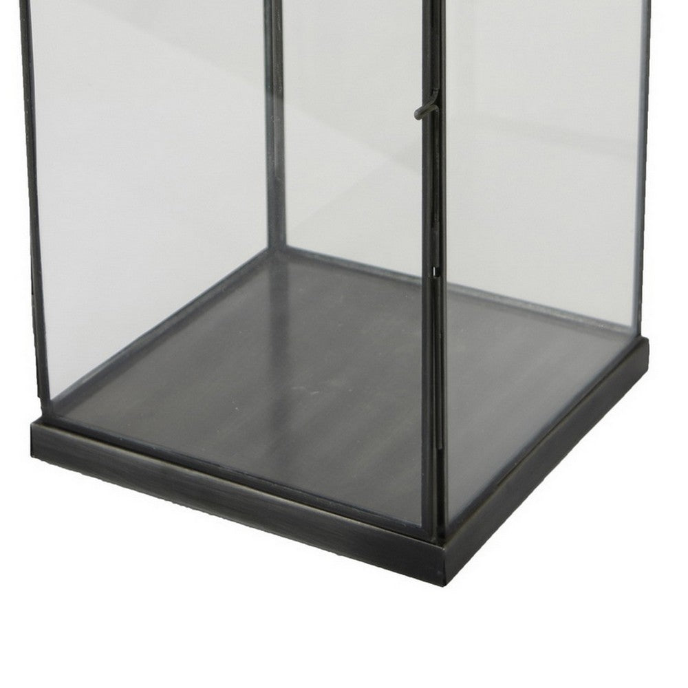 Laila Lantern, Black Metal, Glass Panels, Square Base, 18 Inch Tall