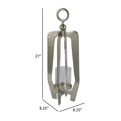 Brie Candle Holder Lantern, 27 Inch, Silver Metal Frame, Glass Shade