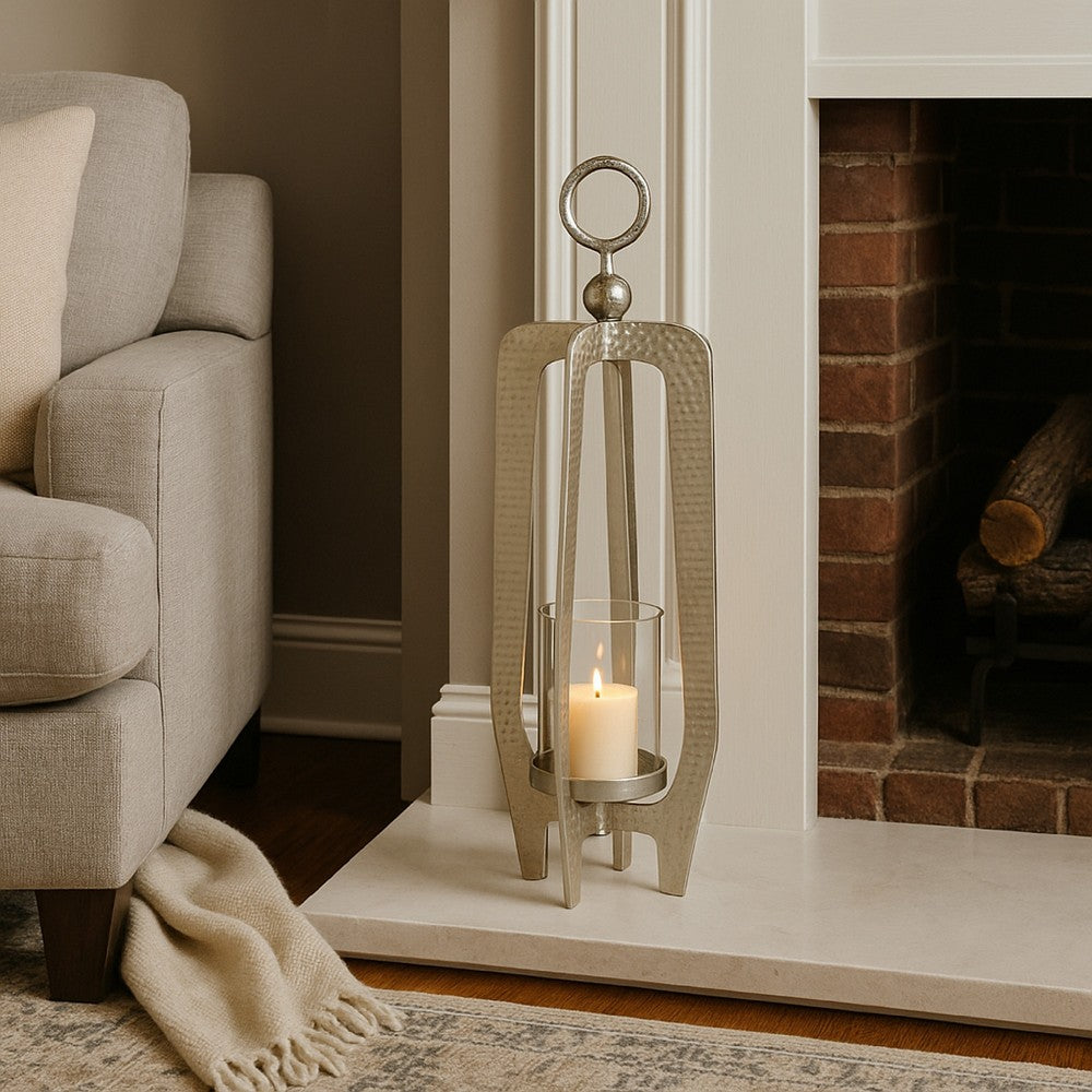Brie Candle Holder Lantern, 27 Inch, Silver Metal Frame, Glass Shade
