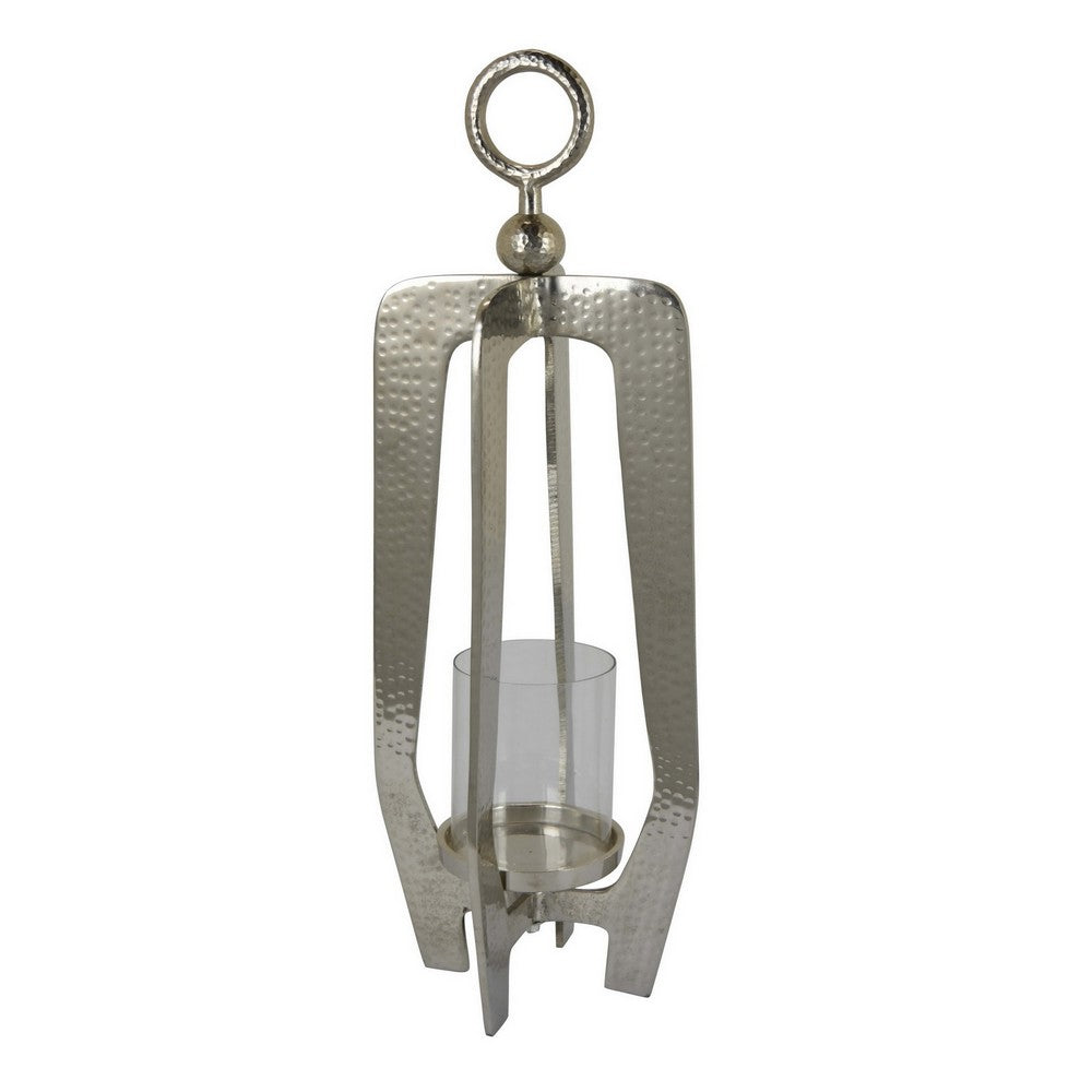Brie Candle Holder Lantern, 27 Inch, Silver Metal Frame, Glass Shade