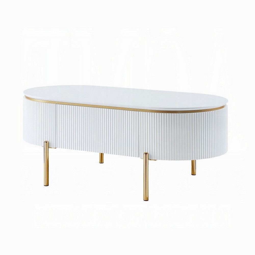 Tyce Oval Coffee Table with Drawer, 47 Inch, Glossy White, Gold Metal
