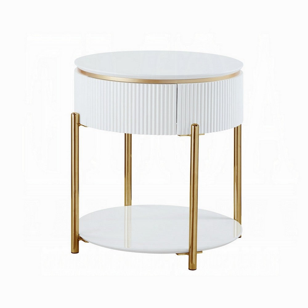 Tyce Side End Table with Drawer, 22 Inch Glossy White, Gold Metal