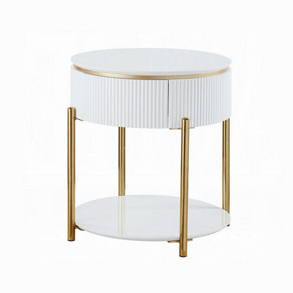 Tyce Side End Table with Drawer, 22 Inch Glossy White, Gold Metal