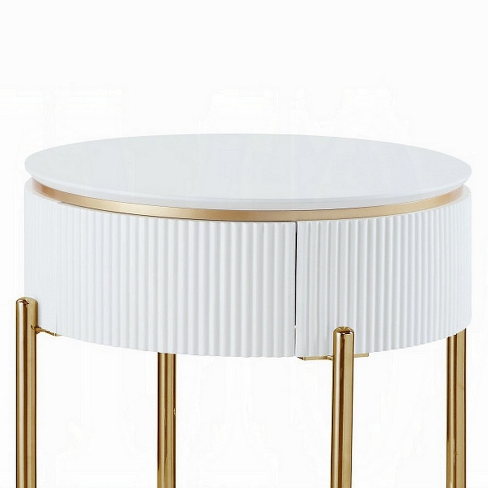Tyce Side End Table with Drawer, 22 Inch Glossy White, Gold Metal