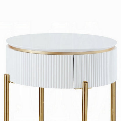 Tyce Side End Table with Drawer, 22 Inch Glossy White, Gold Metal