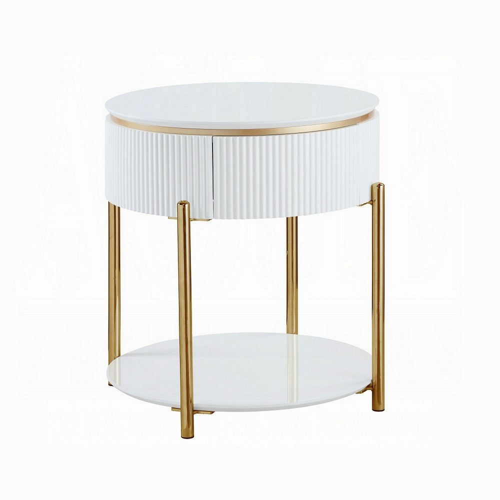 Tyce Side End Table with Drawer, 22 Inch Glossy White, Gold Metal
