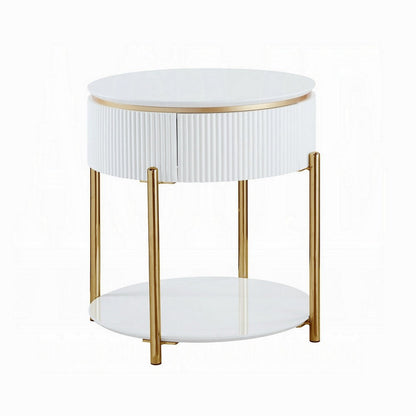 Tyce Side End Table with Drawer, 22 Inch Glossy White, Gold Metal