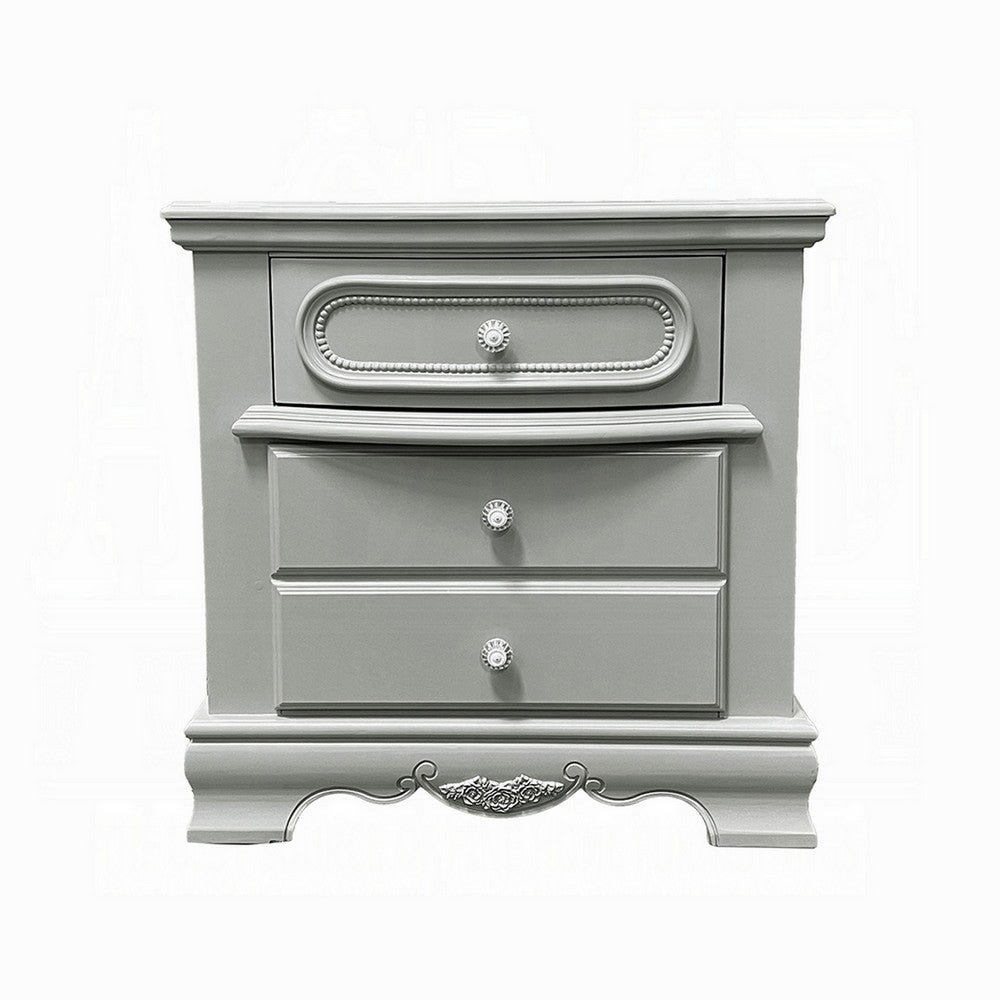 Auri Kids Nightstand, 3 Drawers and Scalloped Base, 27 Inch Gray Wood