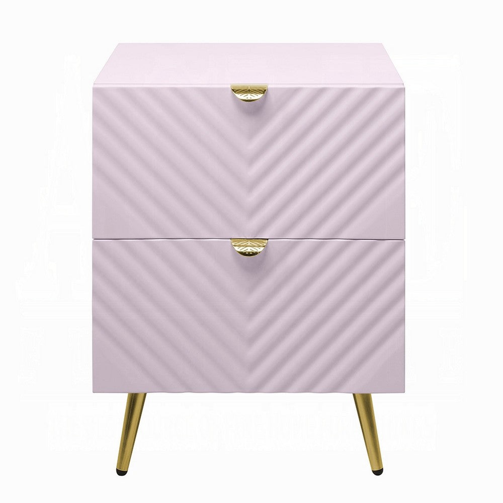 Tyra Nightstand, Geometric 2 Drawers, Gold Metal, 25 Inch Pink Wood