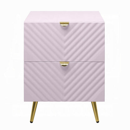 Tyra Nightstand, Geometric 2 Drawers, Gold Metal, 25 Inch Pink Wood