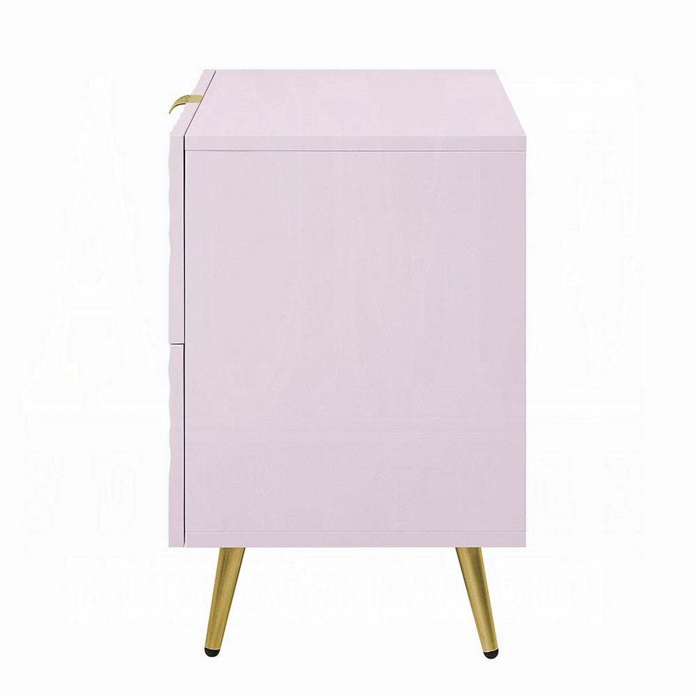 Tyra Nightstand, Geometric 2 Drawers, Gold Metal, 25 Inch Pink Wood