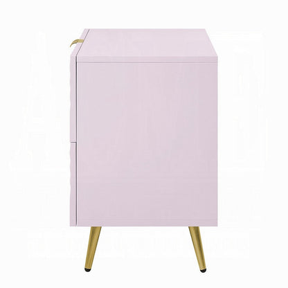 Tyra Nightstand, Geometric 2 Drawers, Gold Metal, 25 Inch Pink Wood