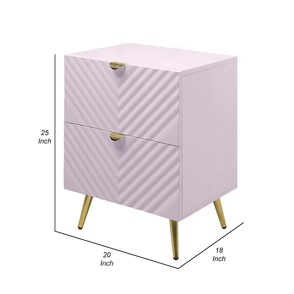 Tyra Nightstand, Geometric 2 Drawers, Gold Metal, 25 Inch Pink Wood