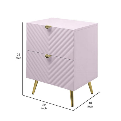 Tyra Nightstand, Geometric 2 Drawers, Gold Metal, 25 Inch Pink Wood