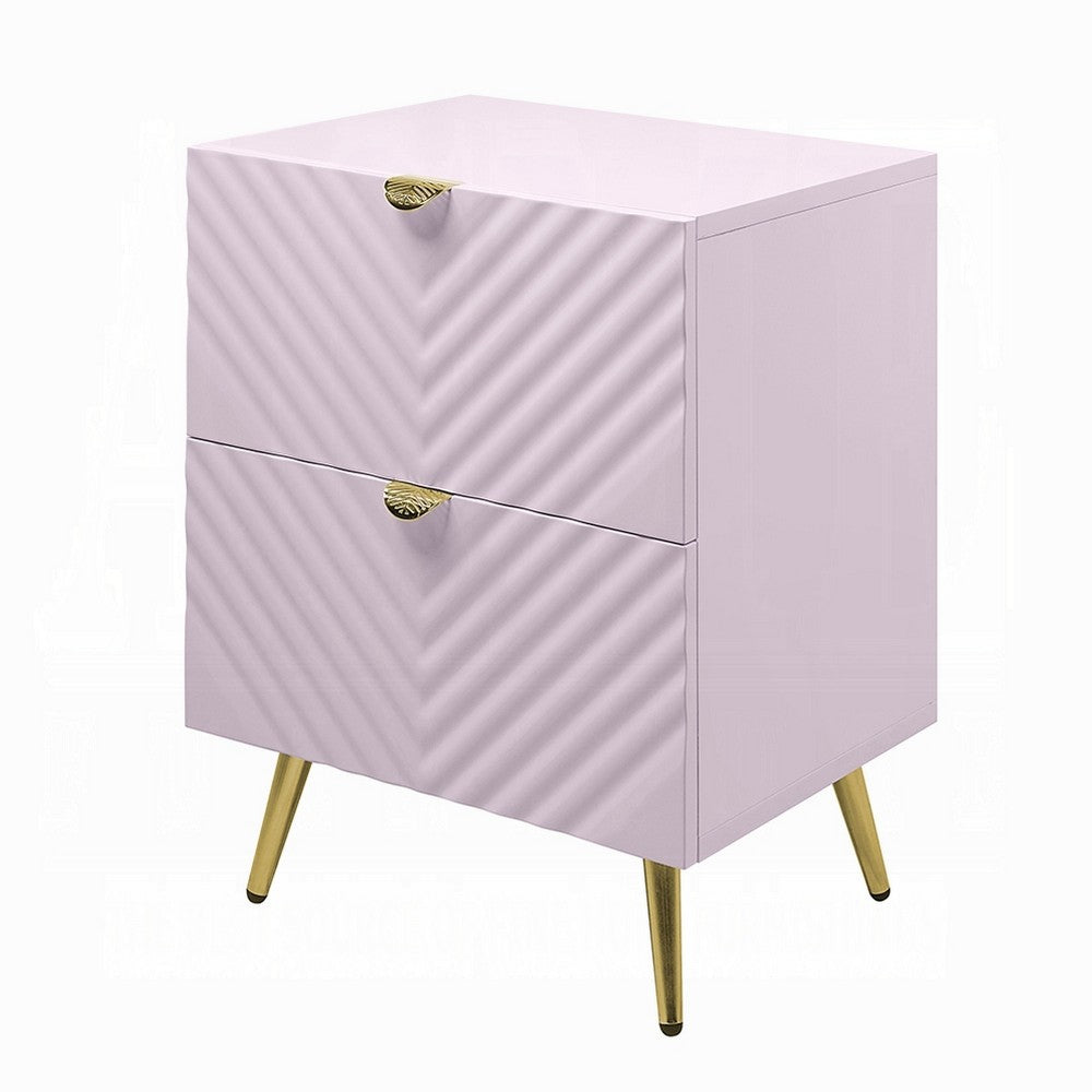 Tyra Nightstand, Geometric 2 Drawers, Gold Metal, 25 Inch Pink Wood
