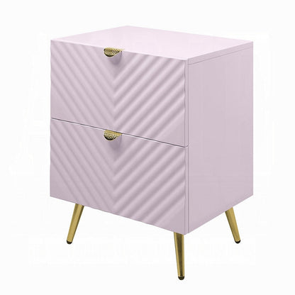 Tyra Nightstand, Geometric 2 Drawers, Gold Metal, 25 Inch Pink Wood