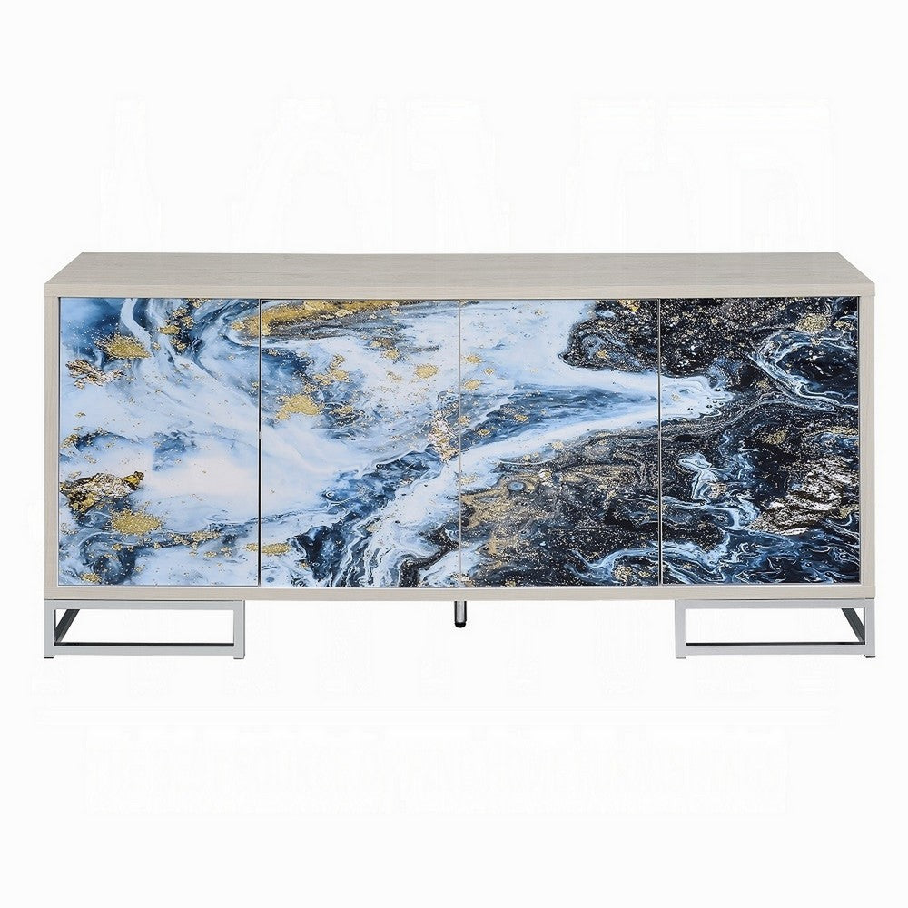 Sideboard Console Cabinet, 4 Door, 65 Inch Blue Marble Paint, White