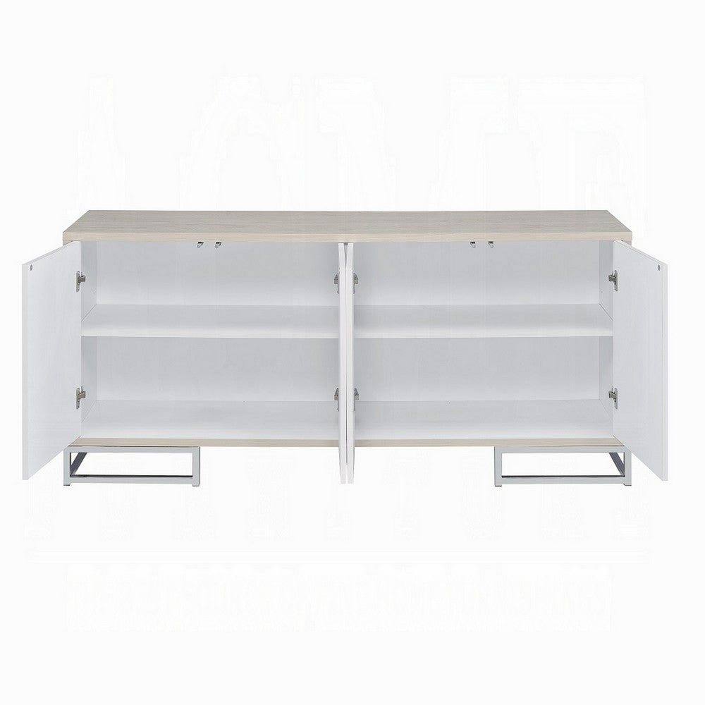 Sideboard Console Cabinet, 4 Door, 65 Inch Blue Marble Paint, White