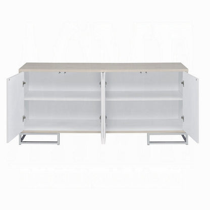 Sideboard Console Cabinet, 4 Door, 65 Inch Blue Marble Paint, White