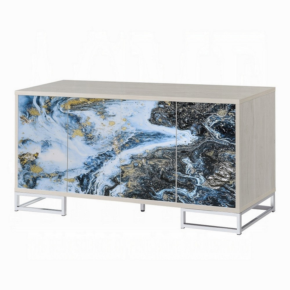 Sideboard Console Cabinet, 4 Door, 65 Inch Blue Marble Paint, White