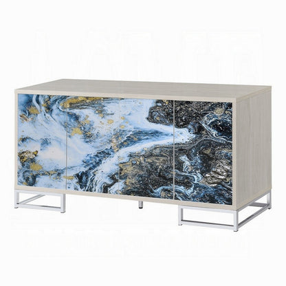 Sideboard Console Cabinet, 4 Door, 65 Inch Blue Marble Paint, White